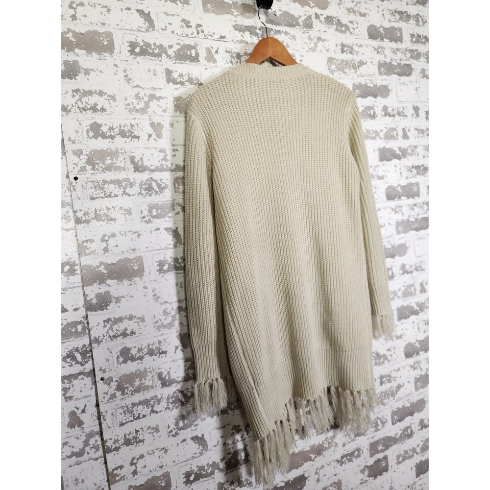 Boho Western Cardigan Beige Fringe Size Small Open Chunky Pockets - Picture 11 of 16